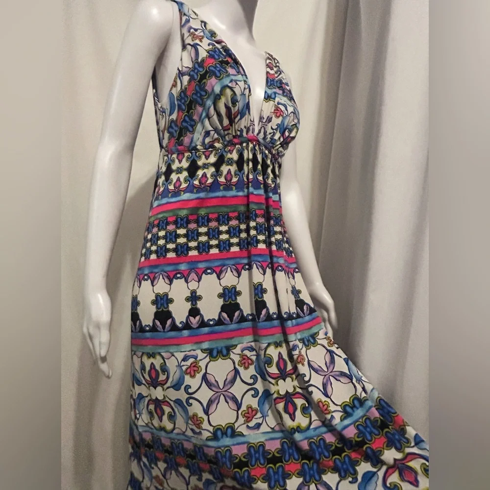 Nwt Natori Sz S Floral Aztec Tribal Geometric Flowy V Neck Maxi Dress Boho Y2K - Picture 4 of 10